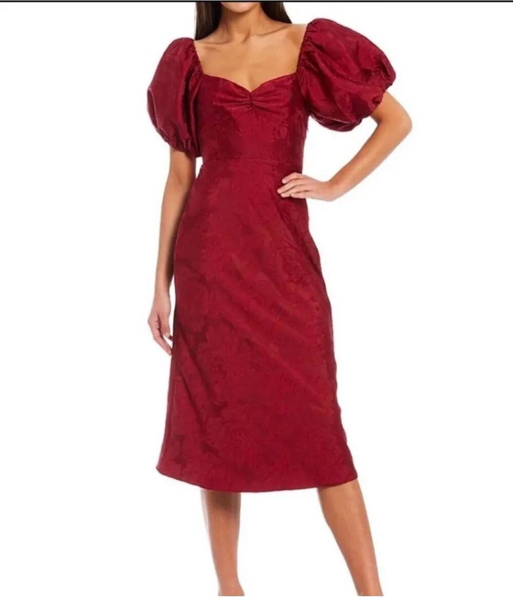 Sachin & Babi New Gabby Maroon Red Floral Jacquard Puff Sleeve Midi Dress Size 8